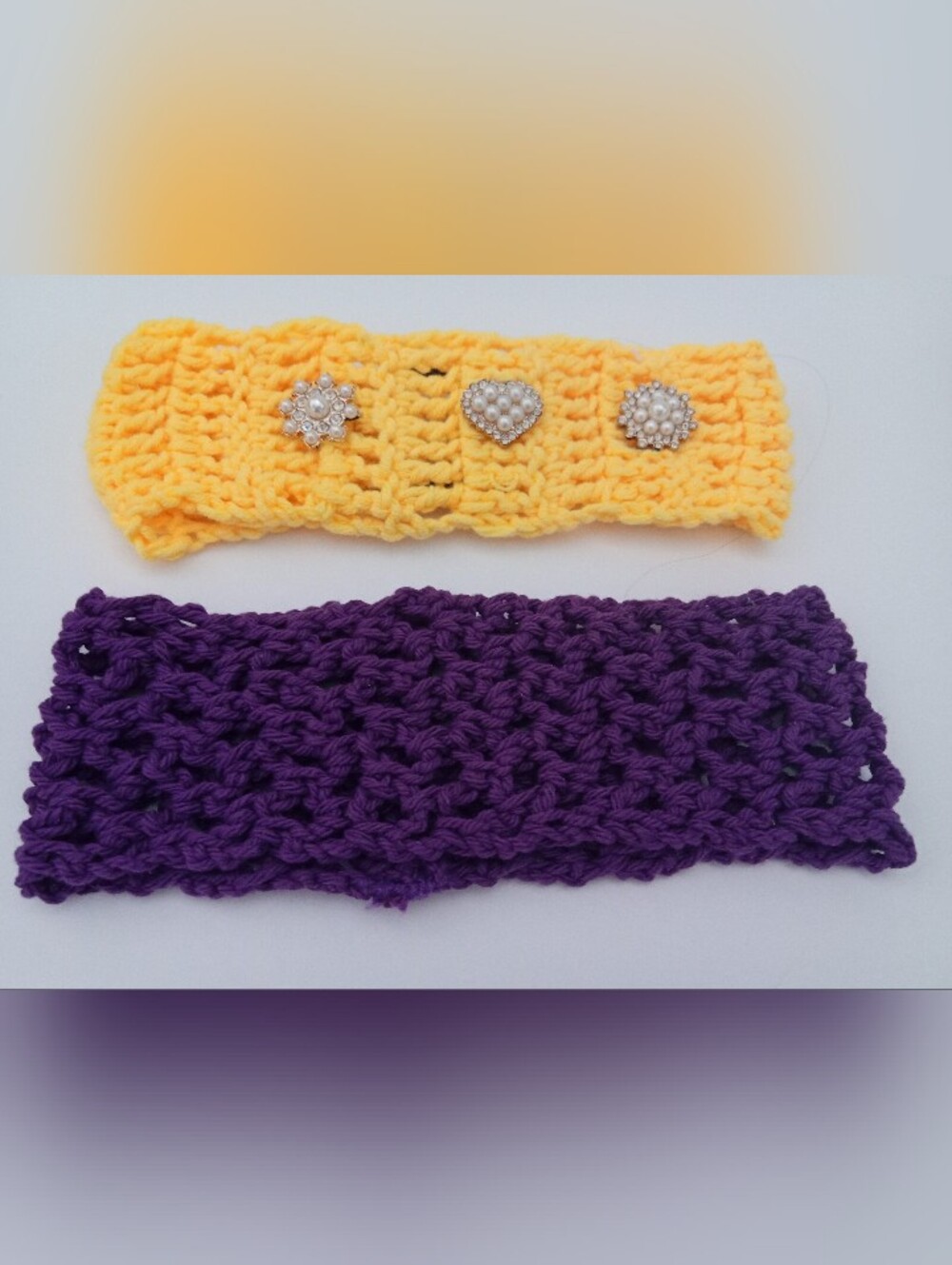Handmade Crochet Headbands - Yellow with Pearl Buttons & Purple